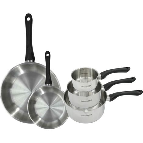 Set 2 poêles 20 et 28 cm et 3 casseroles 12 16 et 20 cm en inox Fackelmann Geneva (1/5)