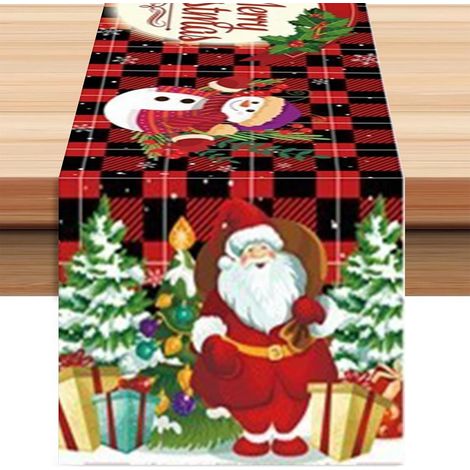 Chemin de Table Noel, Chemin Table Noel Lavable, Table Runner Rouge Noir À Carreaux avec Motif Père Noël Bonhomme de Neige, Long Chemins pour Deco Table Noel,Maison,Restaurants,Cafés,35x180CM (1/5)