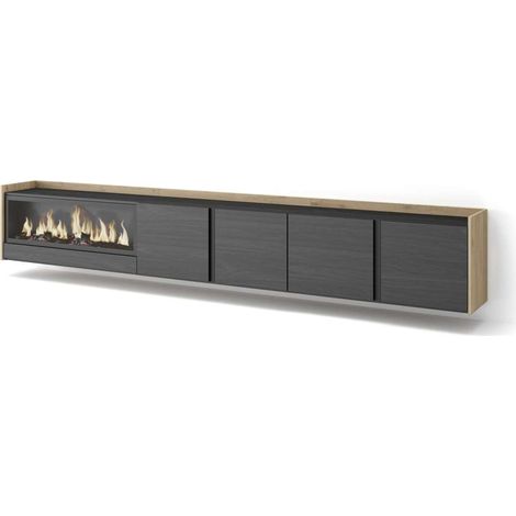 Mueble TV Ardales-02 de 315x50x35 cm con chimenea eléctrica XXL, suspendido, color negro y roble (1/4)