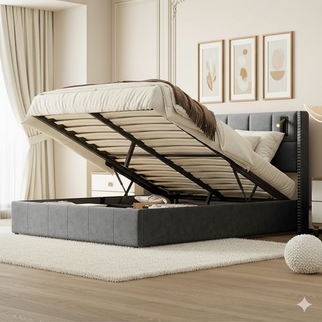 Letto contenitore 160x200 cm con illuminazione di lettura - sistema di stoccaggio idraulico - tessuto in velluto e rete a doghe - Ideale per adolescenti e adulti - Grigio