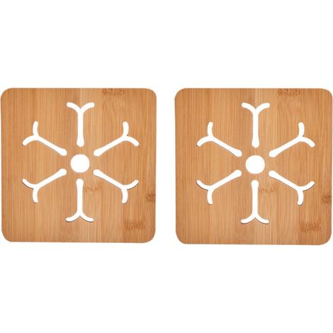 2 pièces dessous de plat carrés à motifs flocons de neige dessous de pot épais en bambou résistant à la chaleur 16 sur 16 sur 0,8 cm couleur bois (1/5)