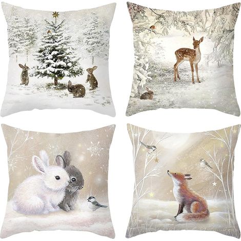 QAZQA 4PCS Taies d'oreiller Animaux Housse de Coussin pour Hiver Noël Nouvel an Lapin Cerf Forêt Sapin de Noël Taie Décorative Sofa Décoration Maison Salon 45 x 45 cm (1/5)