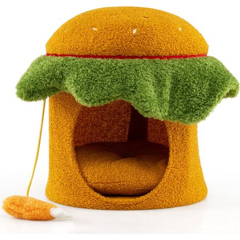 Letto per gatti a forma di hamburger 37 x 41 cm confortevole con cuscino rimovibile e trespolo in peluche arancione 200012379