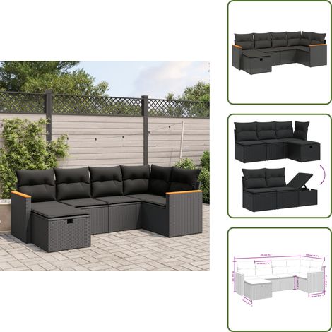 6-tlg. Garten-Sofagarnitur mit Kissen Schwarz Poly Rattan - Gartengestell - Gartenmöbel Set - Outdoor-Lounge - Rattan Gartenmöbel - Garten Sofa (1/5)