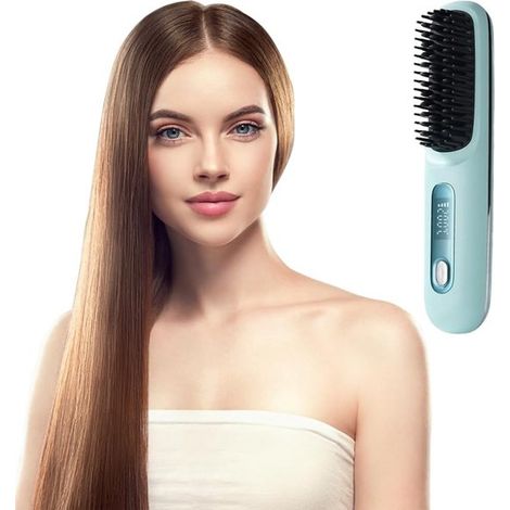 Brosse lissante sans fil, mini fer à lisser portable, 3 températures, écran LED, rechargeable USB, chauffage rapide, pour voyage, bleu (1/5)