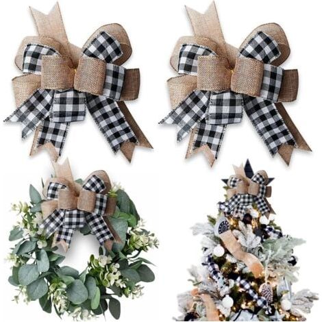 Lot de 2 nœuds en toile de jute à carreaux de buffle pour couronne, 30,5 x 24,9 cm, grande décoration rustique pour sapin de ferme, décoration pour mariage, vacances, fête, mur, porte d'entrée (1/5)