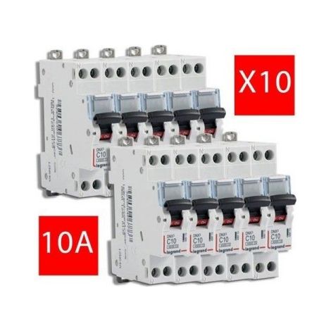 Lot de 10 Disjoncteur Phase+Neutre DNX³4500 6kA arrivée et sortie borne à vis - 1P+N 230V 10A courbe C - 1 module