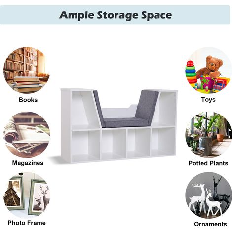 Bibliothèque grise à 6 compartiments avec coussin d'assise et étagère de rangement cubique pour bureau à domicile ou espace de lecture, coin lecture (1/5)