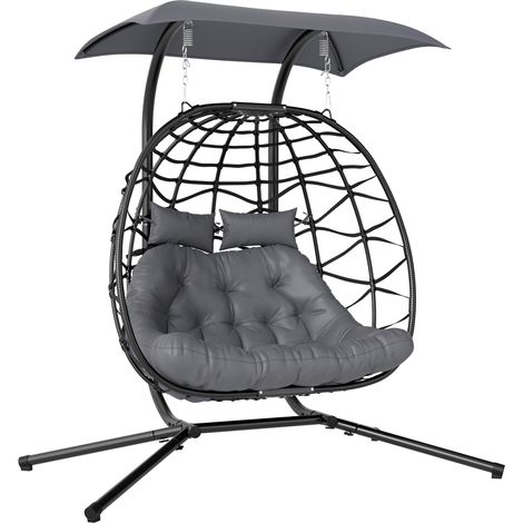 Outsunny Rattan Double Hanging Egg Chair with Canopy, Cushion, Black