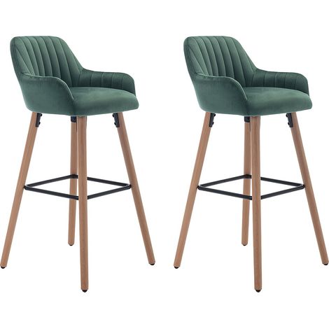 Sgabello da bar in Velluto e Metallo effetto legno di Faggio Verde scuro - Lotto di 2 - ELEANA (1/4)