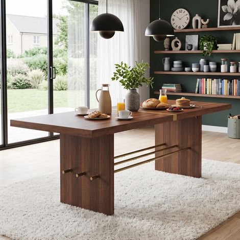 Table à manger 180 x 75 cm, pour 6 à 8 personnes, idéale pour la salle à manger et le salon, résistante à l'eau et aux rayures, design moderne, plateau de 4 cm d'épaisseur, coloris noyer et or (1/4)