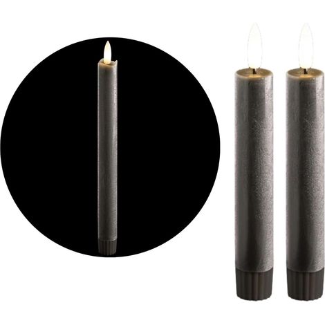 Bougies bâton LED avec minuterie GRIS Lot de 2 pour intérieur avec fonction minuterie 6 heures VRAIE CIRE Hauteur 15 cm pour les bougies Diamètre 2,2
