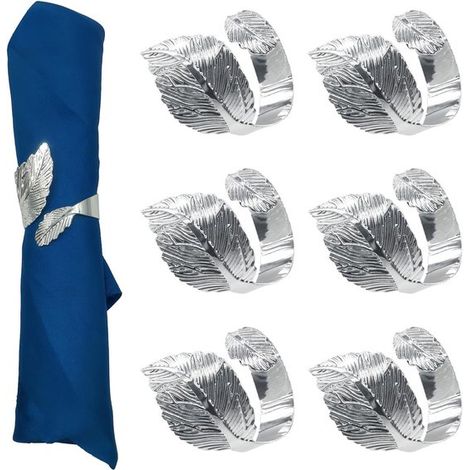 Lot de 6 ronds de serviette en métal argenté en forme de feuille, décoration de table pour mariage, anniversaire, Pâques et Halloween (1/5)