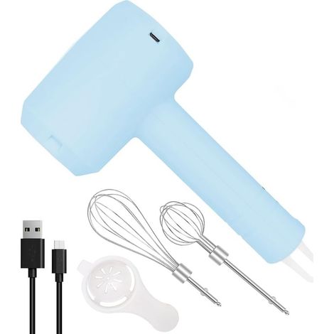 Elektrischer Handmixer, kabellos, tragbar mit 3 Geschwindigkeitsstufen, wiederaufladbar und 2 abnehmbaren Schneebesen zum Backen, Eierquirlen und Sahneschlagen (Blau) (1/5)