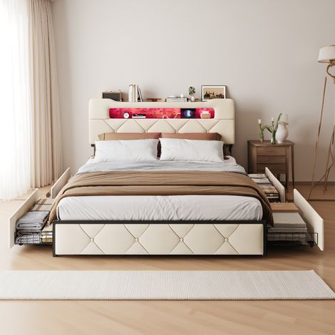 Polsterbett 140x190 cm, Doppelbett mit LED-Beleuchtung und USB-Ladestation, Modernes Jugendbett mit Stauraum, Bettgestell mit Kopfteil und Lattenrost, Velour Beige, Ohne Matratze