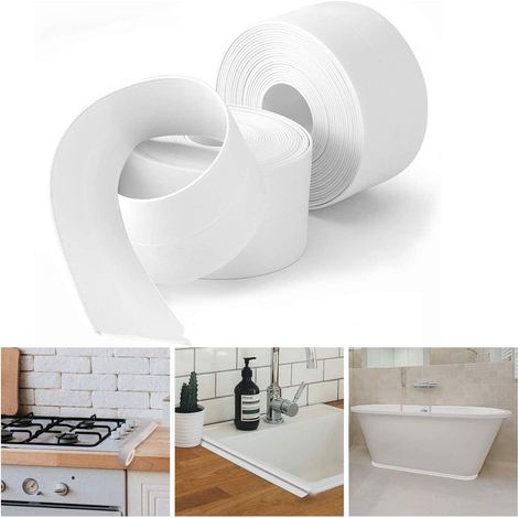 Bande d'étanchéité - Joint imperméable - PVC auto-adhésif - Bande sanitaire - 2 pièces - 3,2m X 38mm - Douche - Bain et lavabo - Bande de calfeutrage (1/4)