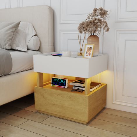 Mesita de noche con 2 cajones, LED regulable y carga inalámbrica, blanca y madera natural DESVIAE (1/5)