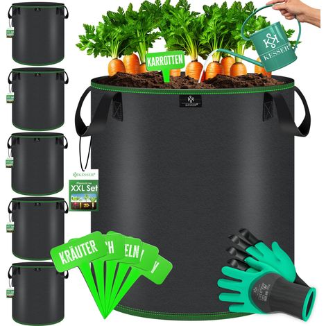 KESSER® Sacco da coltivazione 27 Litri - 5 in tessuto con etichette, finestra e manici – perfetto per verdure, fiori e frutta - Nero