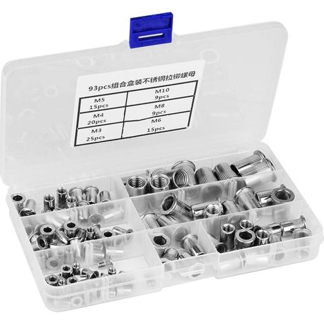 Set di 93 inserti filettati, 1 scatola, misure M3, M4, M5, M6, M8, M10, rivetti ciechi in acciaio inox 304.