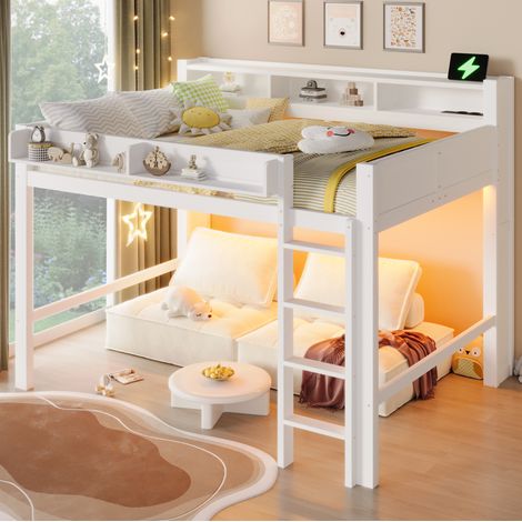 Letto a soppalco moderno in legno bianco 140x200 cm con scrivania, 3 armadietti, LED, USB e rete a doghe (1/5)