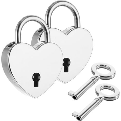 Lot de 2 mini cadenas en forme de cœur vintage avec clé en forme de cœur pour armoire, boîte à bijoux, journal intime, tiroir (argenté) (1/5)