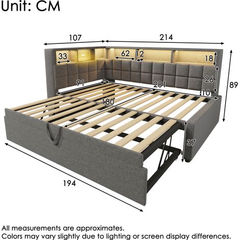 Lit capitonné en lin 90x200 cm avec lit gigogne 90x190 cm, éclairage LED, enceinte Bluetooth, ports de chargement USB et Type-C, tête de lit en L avec étagère de rangement, canapé-lit/lit d'appoint, g (1/4)