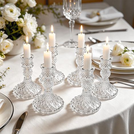 Lot de 6 bougeoirs en verre transparent pour bougeoirs, 10 cm de haut, bougeoirs décoratifs comme décoration de table pour mariages, fêtes, dîners (1/5)