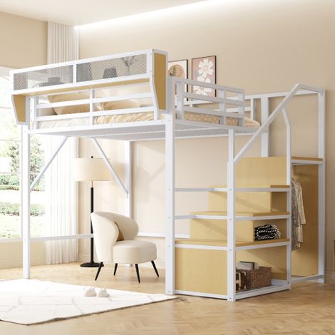 Lit mezzanine avec échelle de sécurité et compartiment de rangement modulable, lit en métal, lit adulte, lit superposé enfant