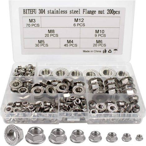 200pcs Écrous de Blocage Héxagonal à Écrou à Collerette Écrous à Émbase Acier Inox 304 M3 M4 M5 M6 M8 M10 M12 Kit d'assortiment (1/5)