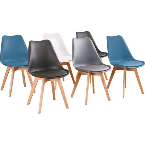 Hobag – Lot de 6 chaises scandinaves – Mix couleurs blanc, gris, bleu canard, noir – Pieds en bois – Largeur d'assise 43cm, profondeur 42cm