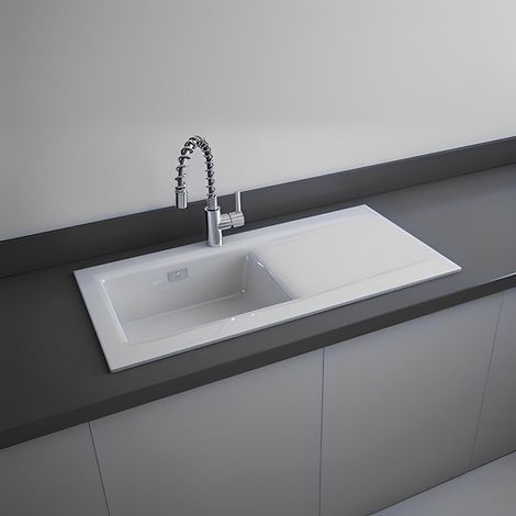 RAK Gourmet Dream 2 Ceramic Kitchen Sink 1.0 Bowl Reversible Drainer 1010mm L x 510mm W - White (1/3)