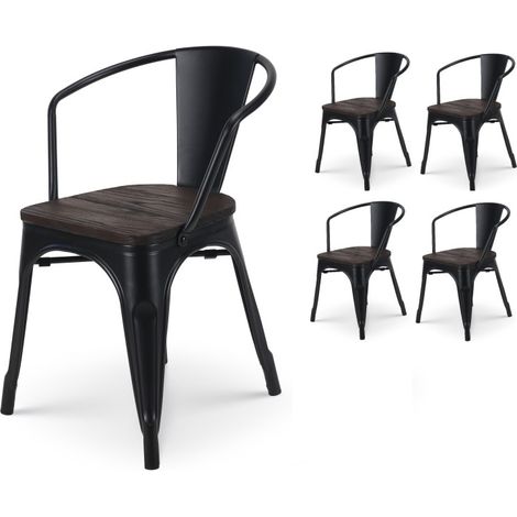 Set di 4 sedie in metallo nero opaco in stile industriale con sedile in legno scuro - con braccioli (1/5)