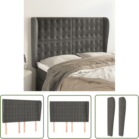 The Living Store Tête de lit avec oreilles Gris foncé 147x23x118/128 cm Velours - Tête De Lit - Literie - Meuble Chambre - Velours - Tête De Lit Rembourrée (1/5)