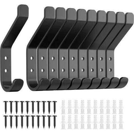 Set mit 10 Wandhaken zum Aufhängen von Mänteln: stabiler 10-kg-Metallhaken mit Schrauben, einzelne Aufhänger, schwarz, 10 cm (1/5)