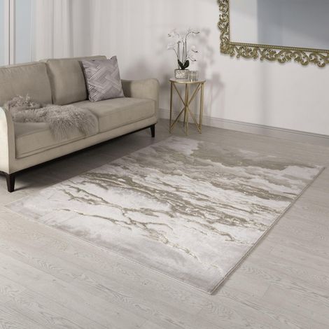 Marbled Rug for Living Room Bedroom Lounge Aurora AU17 Linea Quality Modern Abstract Soft Silky Shiny Beige Bronze Rug in X-Large 200x290 cm (6'7"x9'6") (1/4)