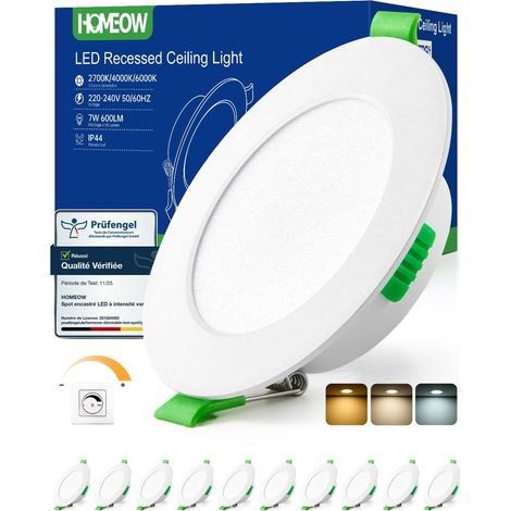 Spot LED Encastrable Dimmable 7W, 220V Spots de Plafond Extra Plat Spot Salle de Bain IP44, Reglable Blanc Chaud 2700K Neutre 4000K Froid 6000K, Trou 75mm - 90mm, Lot de 10 (1/5)