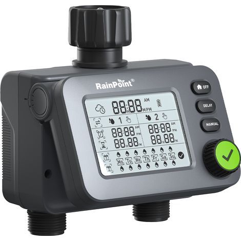 RAINPOINT Ordinateur d'irrigation 2 sorties avec entrée et sortie, minuterie de jardin programmable avec retard de pluie, système d'arrosage numérique automatique étanche (1/4)