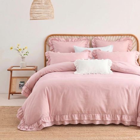 Bettwäsche-Set 155x220 cm mit Rüschen und Kissenbezug 80x80 cm, Rosa
