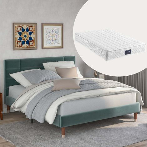 Lit capitonné 140x200 cm avec sommier à lattes inclus et matelas à ressorts, lit double en velours vert avec tête de lit rembourrée, adulte et adolescent (1/5)