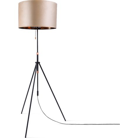 Paco Home Suspension Lampadaire Trépied Salon Abat-Jour Velours Monochrome E27 Beige Cuivre (Ø45.5 cm),  Lampadaire - Type 2 - Noir