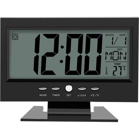 Desktop alarm clock with digital LCD sound sensor, calendar and temperature display, black (1/5)