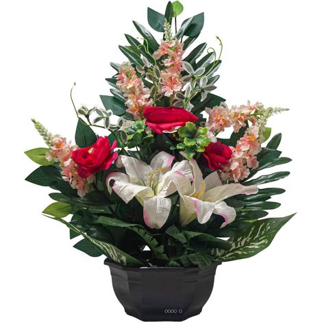 Grande Vasque de Renoncules fleurs artificielles pour le cimetière H 52 cm Lg 44 cm Fushia - couleur: Rose fushia 730
