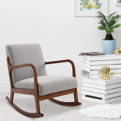Fauteuil Un rocking-chair rembourré, Design Vintage en Bois et Polyester Gris, pour Intérieur, Bureau, Salon, 64x86x80cm (1/5)
