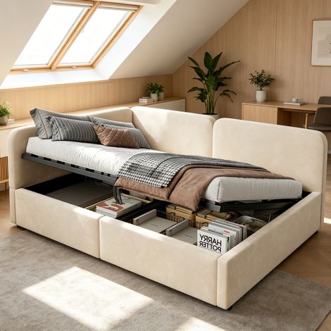 Lit coffre 140x200 cm en tissu beige, avec rangement pour chambre, sans matelas FloraGrace (1/5)