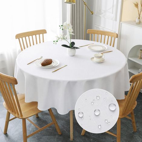 Nappe ronde 180cm blanc lavable aspect lin hydrofuge résistant aux rayures