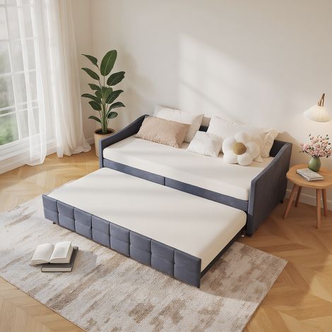 Schlafsofa 90x200 cm, Multifunktionales und Robustes Ausziehbett, Funktionelles Einzelbett und gemütliches Sofa, Ideal für Gästezimmer, Wohnzimmer und kleine Räume, Velour Grau