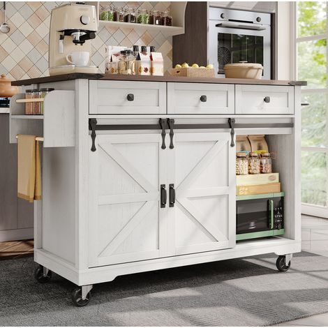Isla de cocina con tablero abatible, 2 puertas correderas, 3 cajones, blanco HAVRYA (1/5)