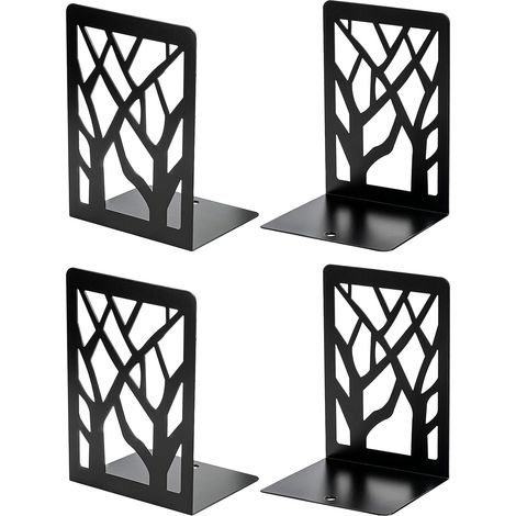 Sujetalibros de metal resistente con diseño de árbol para libros y CD, decoración del hogar, 12 x 9 x 17,5 cm, color negro, 2 pares/4 unidades