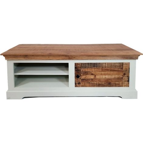 Meuble TV Bas en Bois de Manguier Massif Recyclé Blanc et Naturel L 114 x H 45 cm - PANGIVO (1/5)