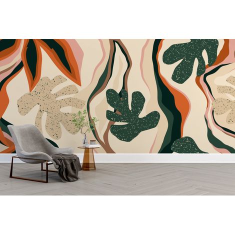 Papier peint boho - feuilles tropicales et formes abstraites terre cuite - 300 x 250 cm (1/2)